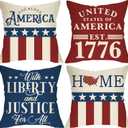 4th of July American Patriotic Decorative Throw Pillow Cover 18x18 Set of 4, USA Star Stripe God Bless America United States Est.1776 Cushion Case for Home Decor with Liberty and Justice for All