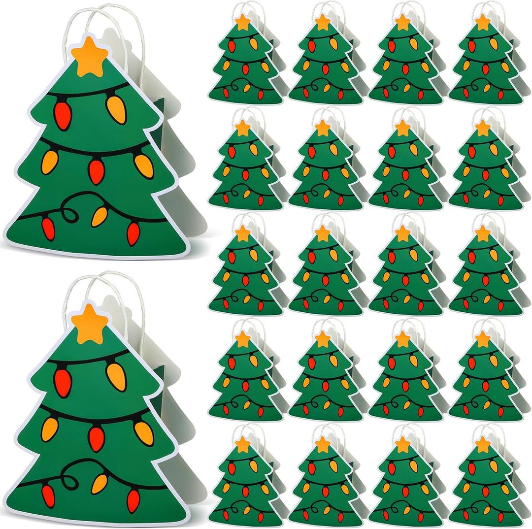 Bulyoou 24 Pack Christmas Paper Bags with Handle Reusable Christmas Tree Container Shape Thank You Gift Bags for Friends Teachers Xmas Party Gifts