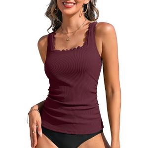 Scalloped Tankini Top Ribbed Bathing Suit Top Women Square Neckline Swimsuit Top, Size XL