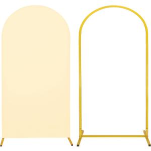 Metal Arch Stand and Cover Set,1 Beige Spandex Fitted Backdrop with 1 Gold Wedding Arched Stand Frame for Parties Birthday Baby Shower Bridal Banquet Decoration (6.6FT)