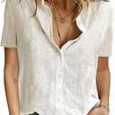Womens Button Down Shirts Cotton Summer Tops V Neck Short Sleeve Shirt Collar Blouse Casual Plain Tshirt Work Tops (Large, White)