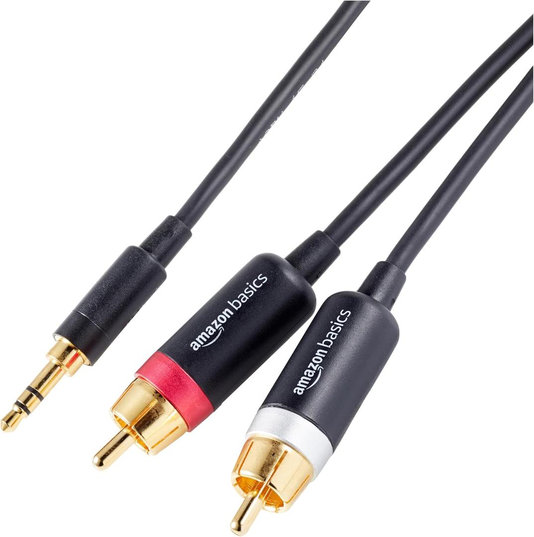 Amazon Basics 3.5mm Aux to 2 RCA Audio Cable Adapter for Amplifiers, Active Speakers, Gold-Plated Connectors, Clear Sound Quality, Shielded Construction, 8 Feet/2.4 m, Black