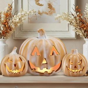 3 Pcs Large Halloween Light up Pumpkin Fall Home Decorations Plastic Terracotta Pumpkins 5''- 9'' Jack O' Lantern Outdoor Indoor Battery Operated Lighted Pumpkin with Spooky Face