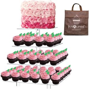 Jusalpha 13.5'' Width Extra Large 4 Tiered Acrylic Glass Square Cake Stand-Cupcake Stand- Dessert Stand-Tea Party Serving Platter-Candy Bar Party Dcor, 4SFL (Square)