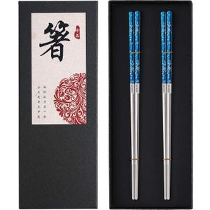 Titanium Plated Chopstick Stainless Steel Chopsticks Metal Chopsticks Reusable Dishwasher safe Premium Laser Engraved Chop Sticks for Eating 2 Pairs Gift Set Blue Silver