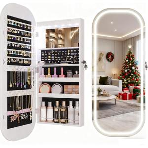 LVSOMT LED Mirror Jewelry Cabinet, Wall/Door Mount Jewelry Mirror Organizer, Rounded Full Length Mirror with Storage, Lockable Jewelry Armoire, 16" Wide, Foldable Shelf, Interior Mirror, White