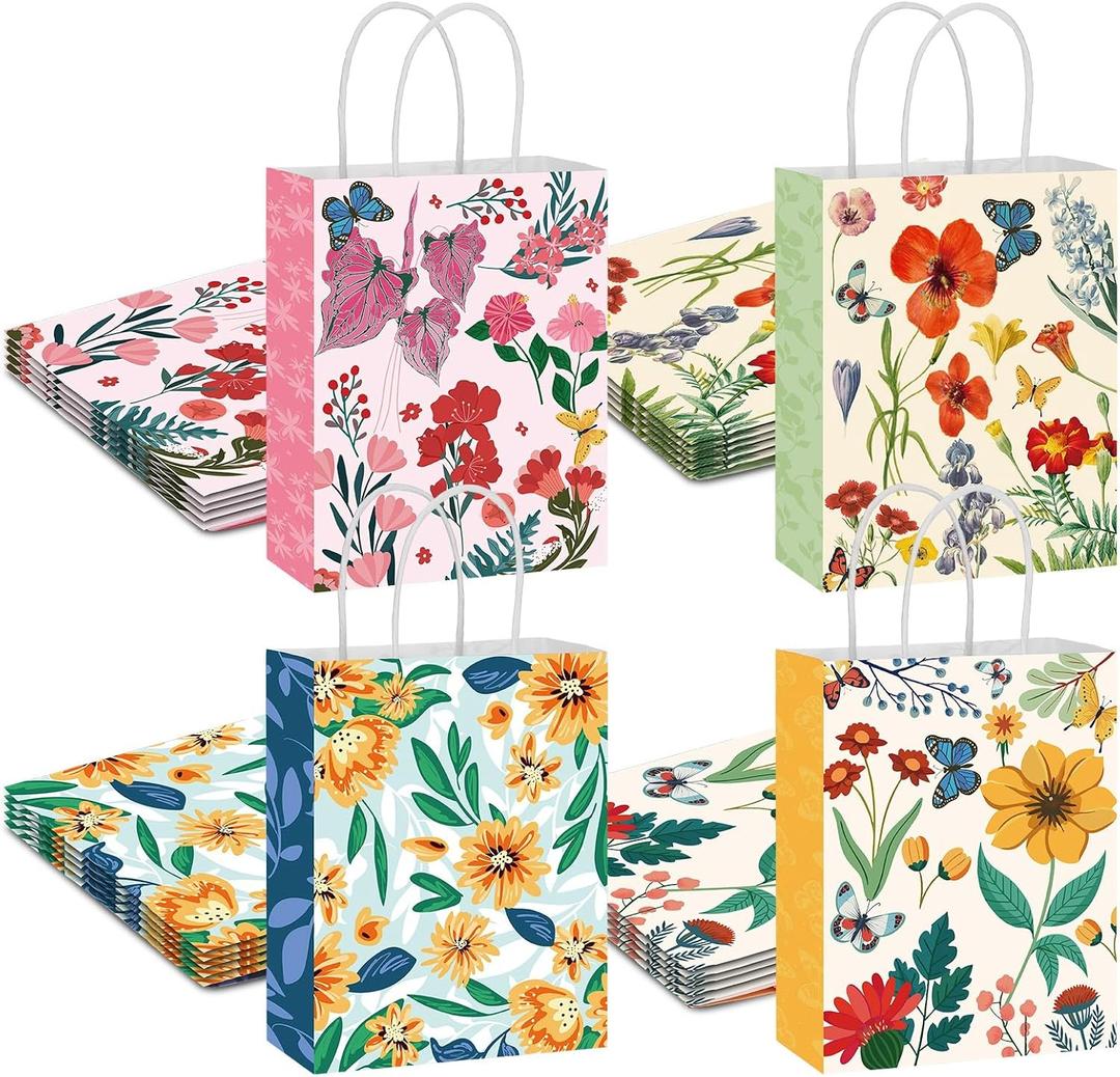 woric 20 Pack Floral Gift Bags with Handles, 4 Styles Vintage Flower Paper Bag for Spring Party Favors Weddings Mother's Day Baby Shower Birthday(8.26"x6.29"x3.14"), 1 count