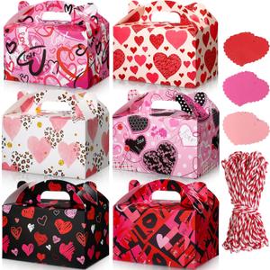 24 Pack Valentine's Day Treat Boxes Heart Prints Cardboard Box for Goody Cookie Holder Heart Tags and Twine, 6 x 3.5 x 3.5 Inches Sweet Party Favor Boxes for Mother's Day Women Classroom Supplies