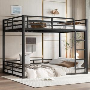 Full Over Full Bunk Bed Frame with Noise Reduced Design, Heavy Buty Floor Bunk Bed with Build in Ladder for Kids, Teens, No Box Spring Needed, Not Include Mattress