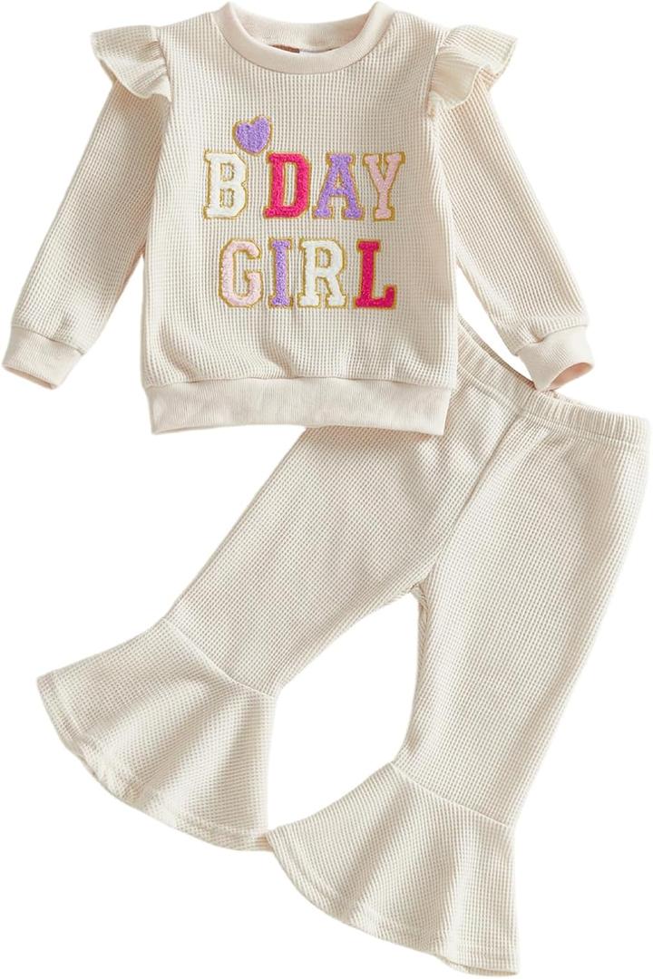 Kayotuas Toddler Baby Girls Birthday Outfits Birthday Girl Shirt Ruffle Sleeve Sweatshirt Bell Bottom Pants Cute Fall Clothes (18-24 Months, Apricot)