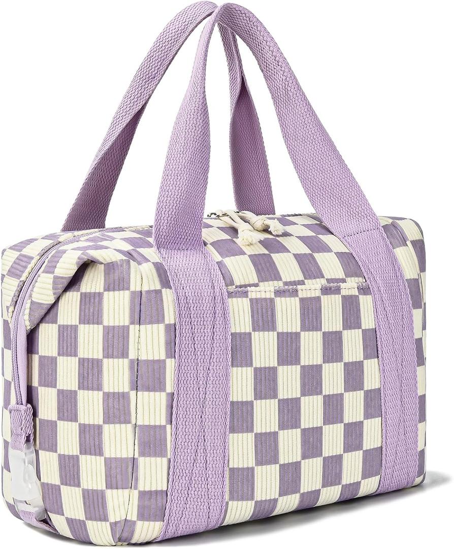 HowFly Corduroy Insulated Lunch Bag for Women - 8.8L Reusable Thermal Lunch Box Cooler Tote Bags with Pockets for Work School Travel, Purple-Beige Check