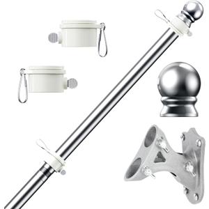 PHITRIC Flag Pole Kit, Tangle Free Spinning Stainless Steel Rustproof Flagpole for 3x5 Sports Fan Outdoor Flags for Outside House (Silver, 6FT, with Bracket)