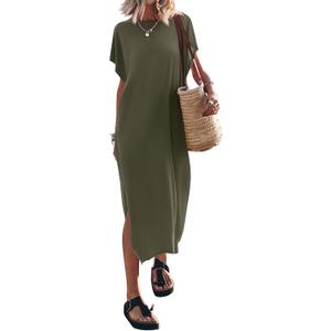 Yousify Women's Summer Maxi Dress T-Shirt Cap Sleeve Crewneck Casual Loose Slit Side Long Beach Vacation Dresses (08-army Green)