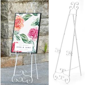 Metal Floor Standing Display Easel, 56" H White Decorative Scroll Easel Stand for Sign Wedding Picture Frame, with Chain Support
