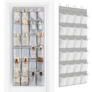 FENTEC 24 Pockets Over the Door Shoe Organizer Hanging Shoe Organizer for Closet, Space Saving Mesh Large Pocket Shoe Storage and Organizer, Shoe Holder for Apartments Garages, Grey 1 Pack