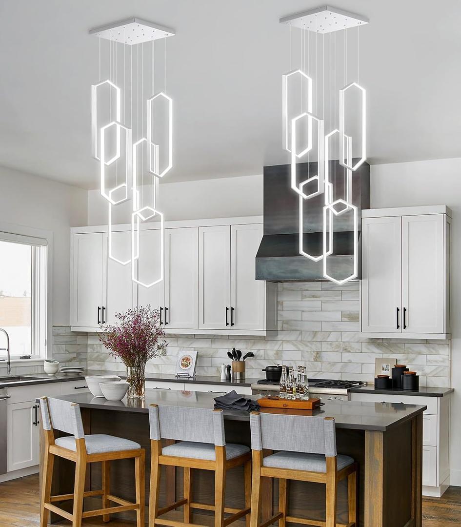 6 Rings Modern Chandelier LED Dimmable Pendant Lighting Adjust Flush Mount Ceiling Light for Foyer Lobby Living Room Staircaes Sliver 78.7'' (20in x 9.4in x 78in, Silver)
