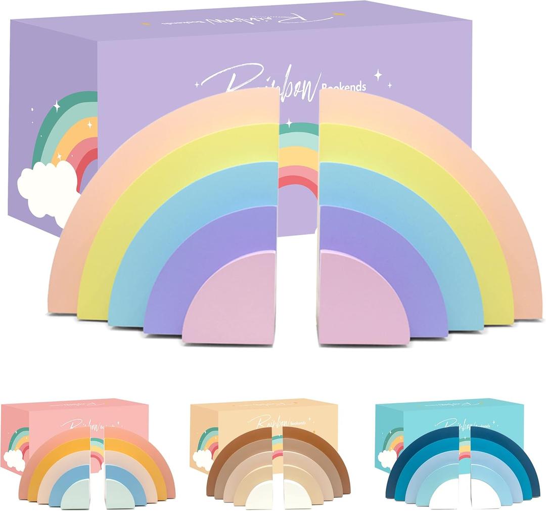Decorably Pastel Rainbow Bookends for Kids - 1 Set Non-Skid Wooden Rainbow Book Ends for Baby's Nursery, Classroom