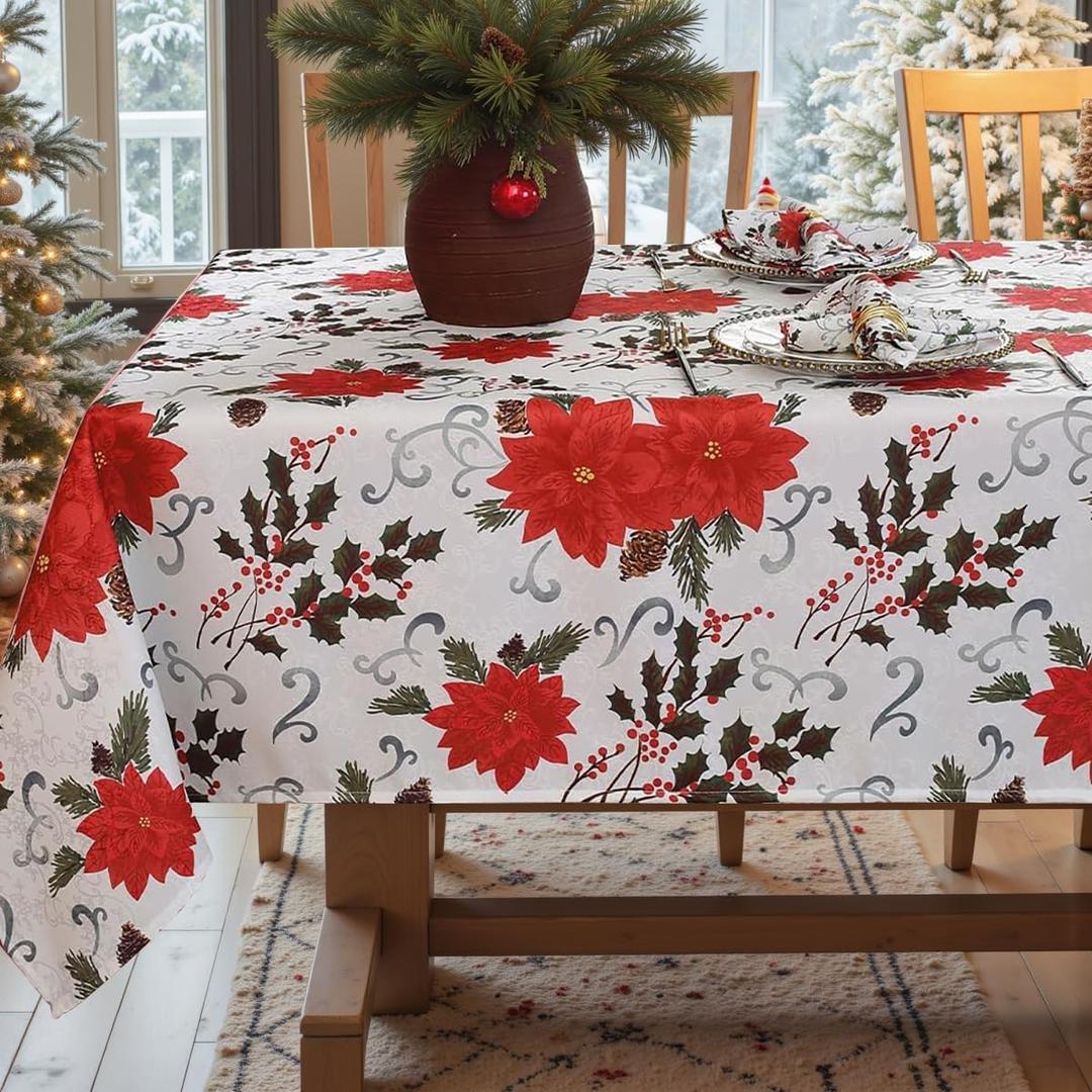 MATIRUG Rectangle Christmas Tablecloth 60x102 Inch,Washable Wrinkle Free Poinsettia and Holly Printed White Jacquard Fabric Table Cloth for Xmas Winter Holiday New Year