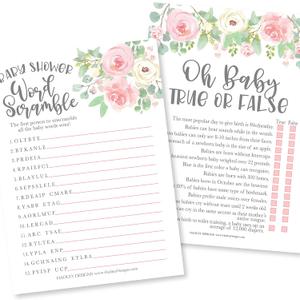 Hadley Designs Hilarious Baby Shower Games for Girls  25 Double-Sided Cards for 25 Guests, 2 Games, Word Scramble Baby Shower Game, True or False, USA-Made (Floral)