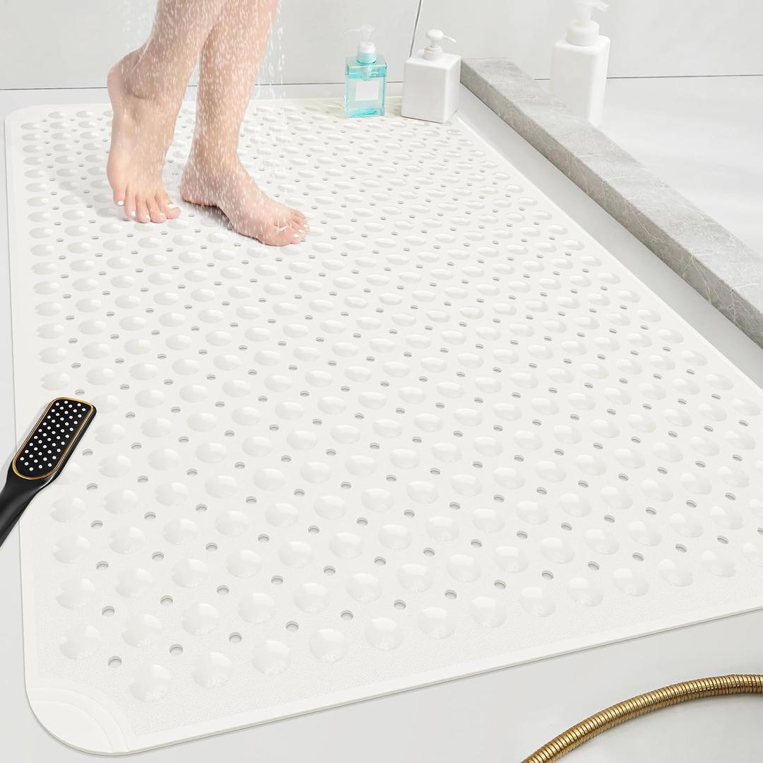 OTHWAY Extra Large Shower Mat 47"x 32", TPE Non Slip Shower Mat for Shower Stall, Inside Walk in Shower Mats with Drain Holes Suction Cups, Anti-Slip for Elderly Kids (White)