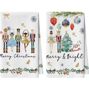 Artoid Mode Nutcrackers Xmas Balls Merry Christmas Bar Kitchen Towels, 12x24 Inch Quick Dry Microfiber Cloth Dish Towels for Kitchen Drying Set of 2 (Beige)