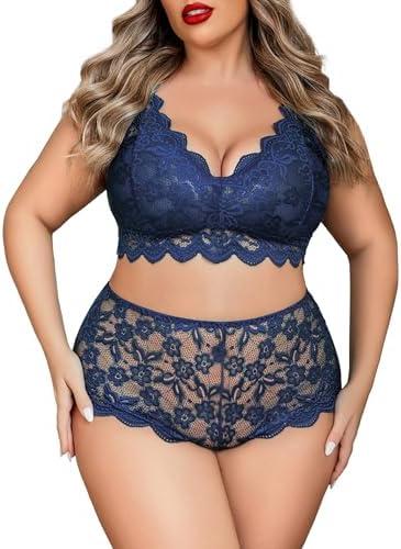 Avidlove Plus Size Lingerie Set for Women Sexy Lace Halter Bralette High Waist Panty Set, 1XL