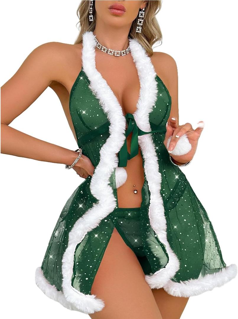 JasmyGirls Sexy Christmas Santa Lingerie for Women Sheer Unwrap Front Babydoll (Medium, Green)