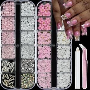 3D Flower Nail Art Charms Flatback Nail Pearls Rhinestones Pink White Flower Nails Gems with Caviar Beads Gold Silver Butterfly Nails Art Accessories Decoration Design for Women (06-Colorful)