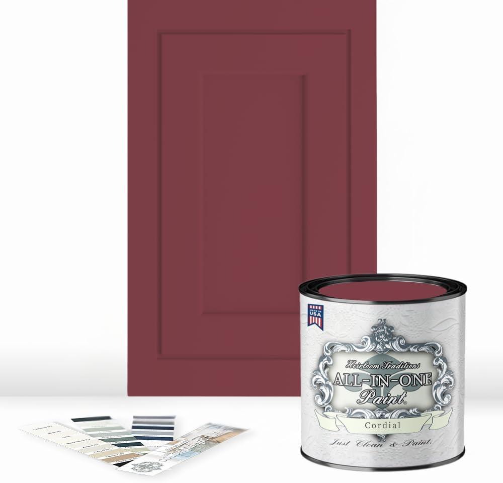 ALL-IN-ONE Paint by Heirloom Traditions, Cordial (Cherry Red), Quart - Durable cabinet and furniture paint. Built in primer and top coat, no sanding needed. Includes our 30 featured color card. (32 Fl Oz (Pack of 1))