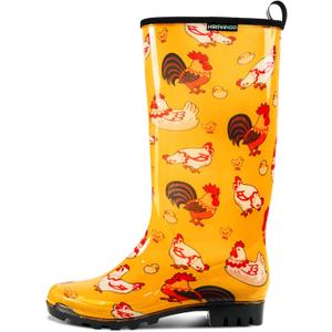 HSYAAMOO Women’s Tall Rain Boots, Waterproof PVC Garden Boots for Women, Non-Slip Floral Rain Shoes with Standard Calf Fit, Pull-On Handle – Orange Chicken Print, Size 7 Women