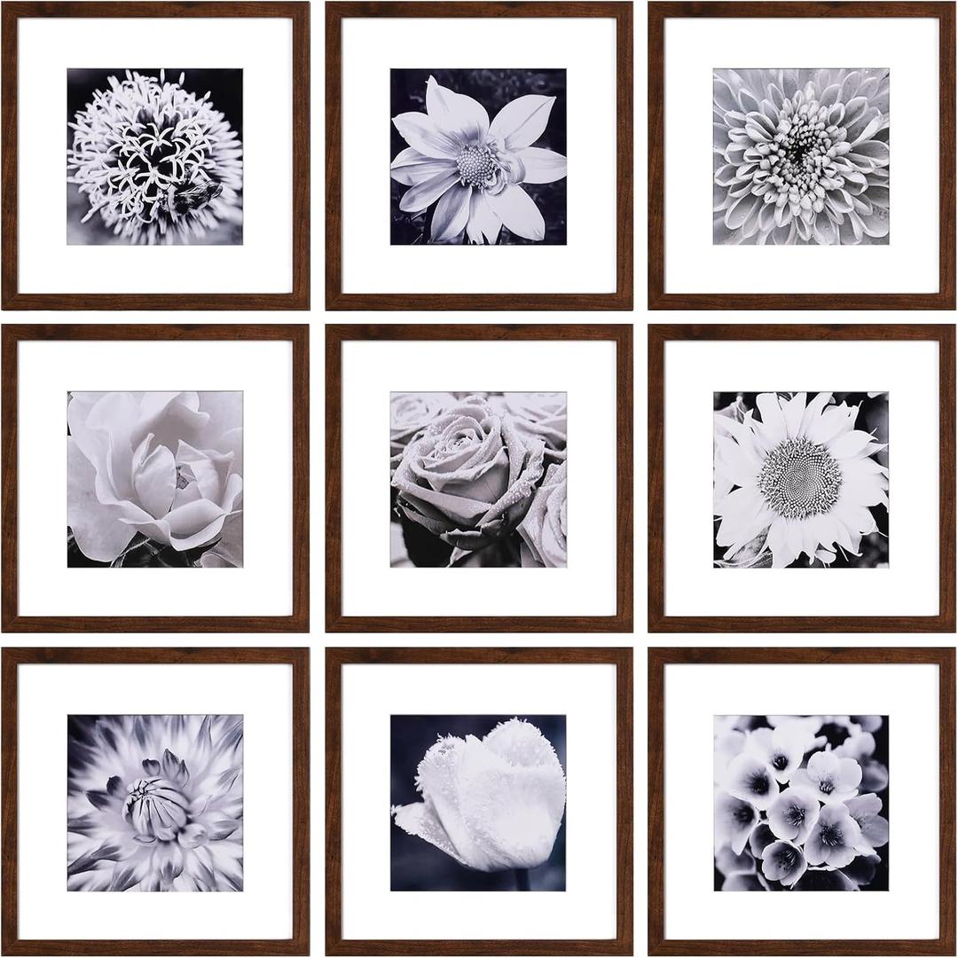 Yaetm 12x12 Picture Frame Set of 9, Brown Wood Grain Square 12x12 Frame, Displays 8x8 with Mat or 12 x 12 without Mat, Gallery Wall Frames for Wall Mounting (9 pack, Brown)