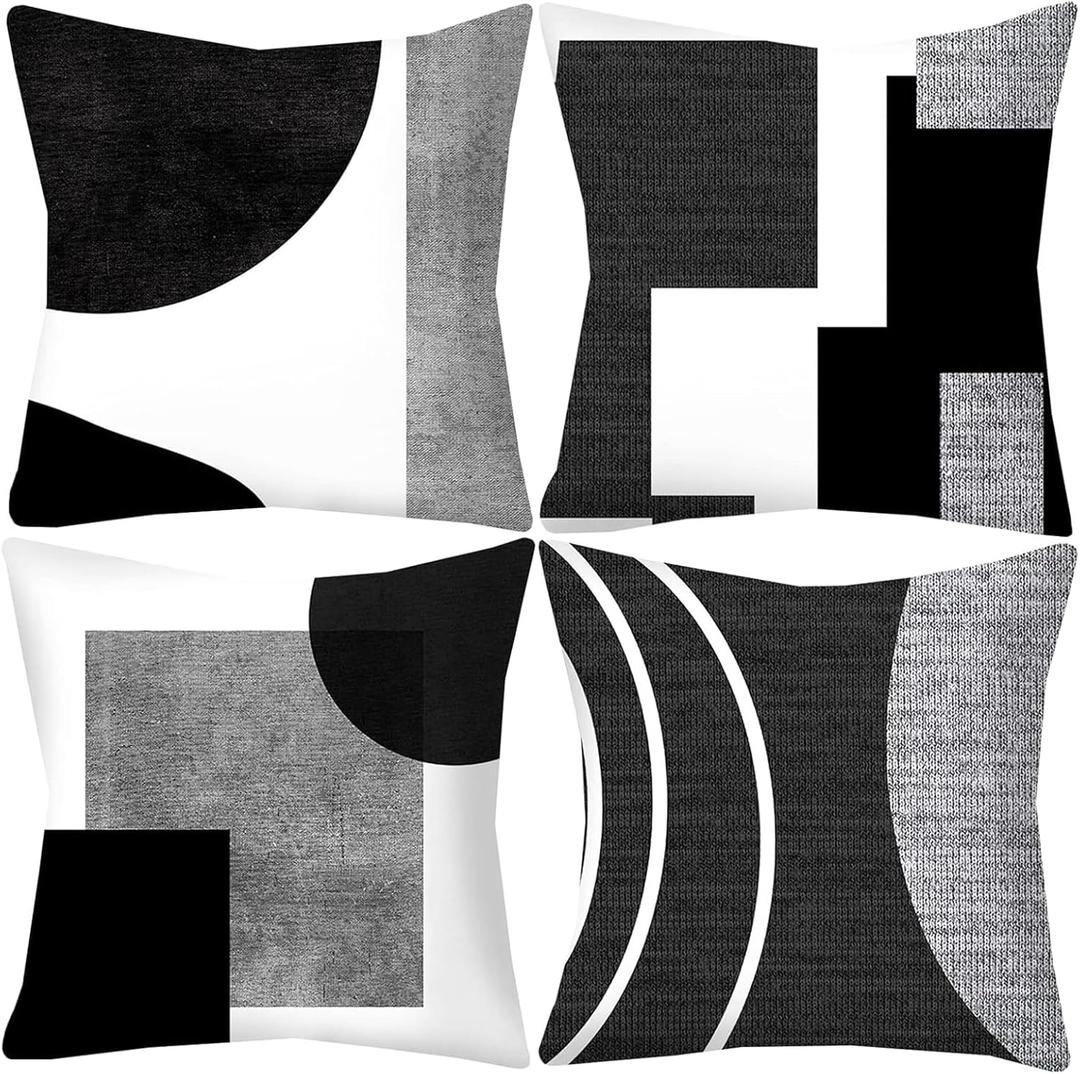 Black and White Grey Throw Pillow Covers 18x18 inch Set of 4 Geometric Pillow Cases Abstract Decorative Cushion Covers for Sofa Couch