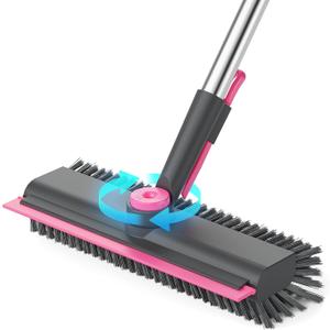 Floor Scrub Brush with Long Handle, 3 in 1 Multi-angle Swivel Right Angled Bristle Floor Scrubber Brush with Squeegee and Tweezer for Tile Wall Deck Bathroom Patio Garage Kitchen (Pink and Grey)