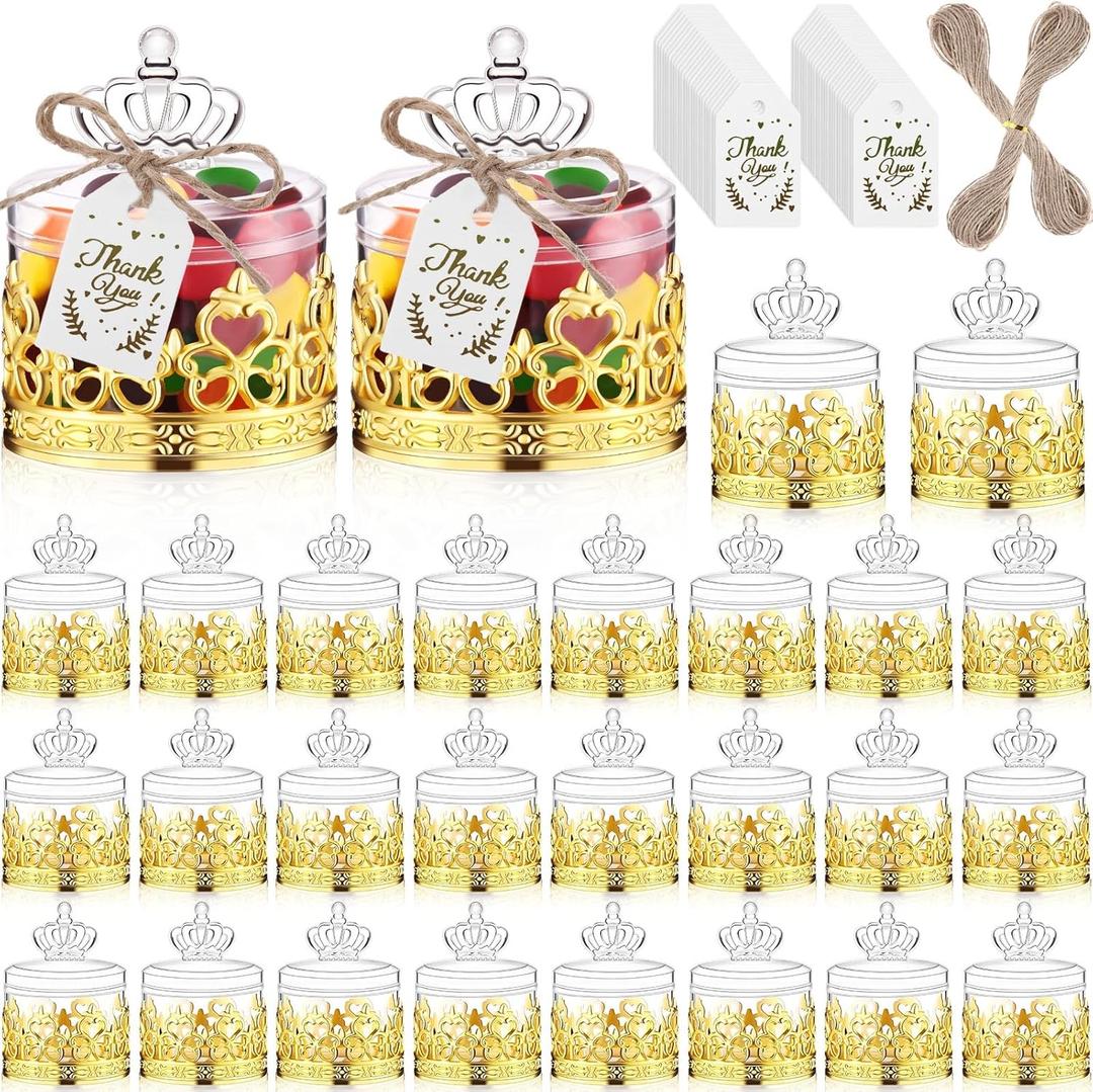 30 Sets Mini Crown Candy Boxes with Thank You Tags and Twine Plastic Candy Storage Boxes for Wedding Baby Shower Princess Birthday Party Supplies(Gold and Clear,Crown Style)