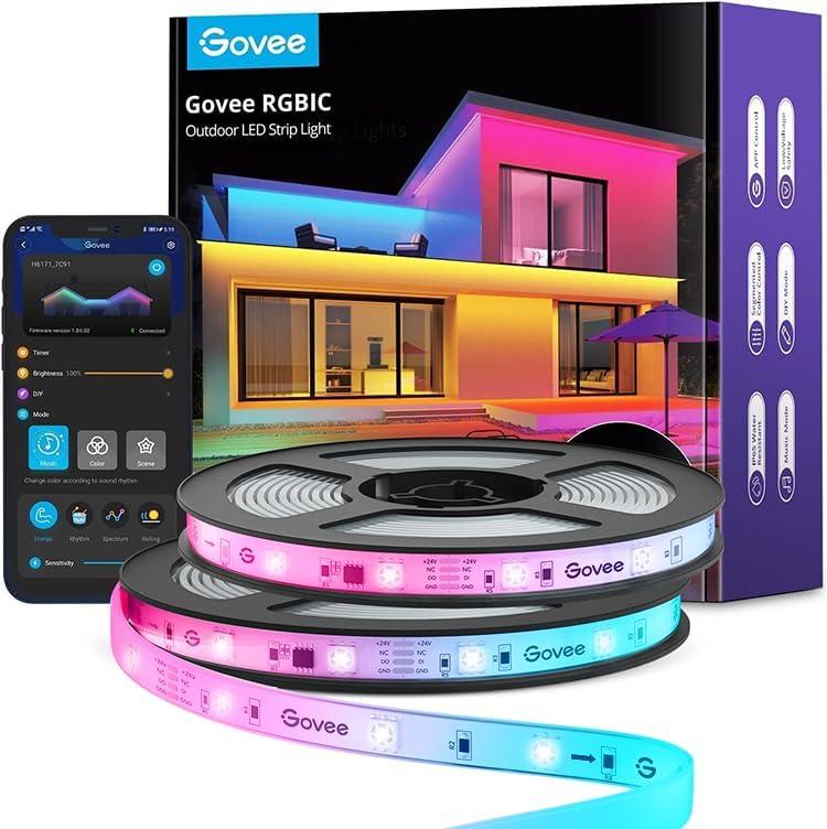 Govee Outdoor LED Strip Lights, 65.6ft Smart Led Strip Lights Work with Alexa and Google Assistant, App Control, IP65 Waterproof, RGBIC Outdoor Lights for Patio, Eave, Patio Decorations
