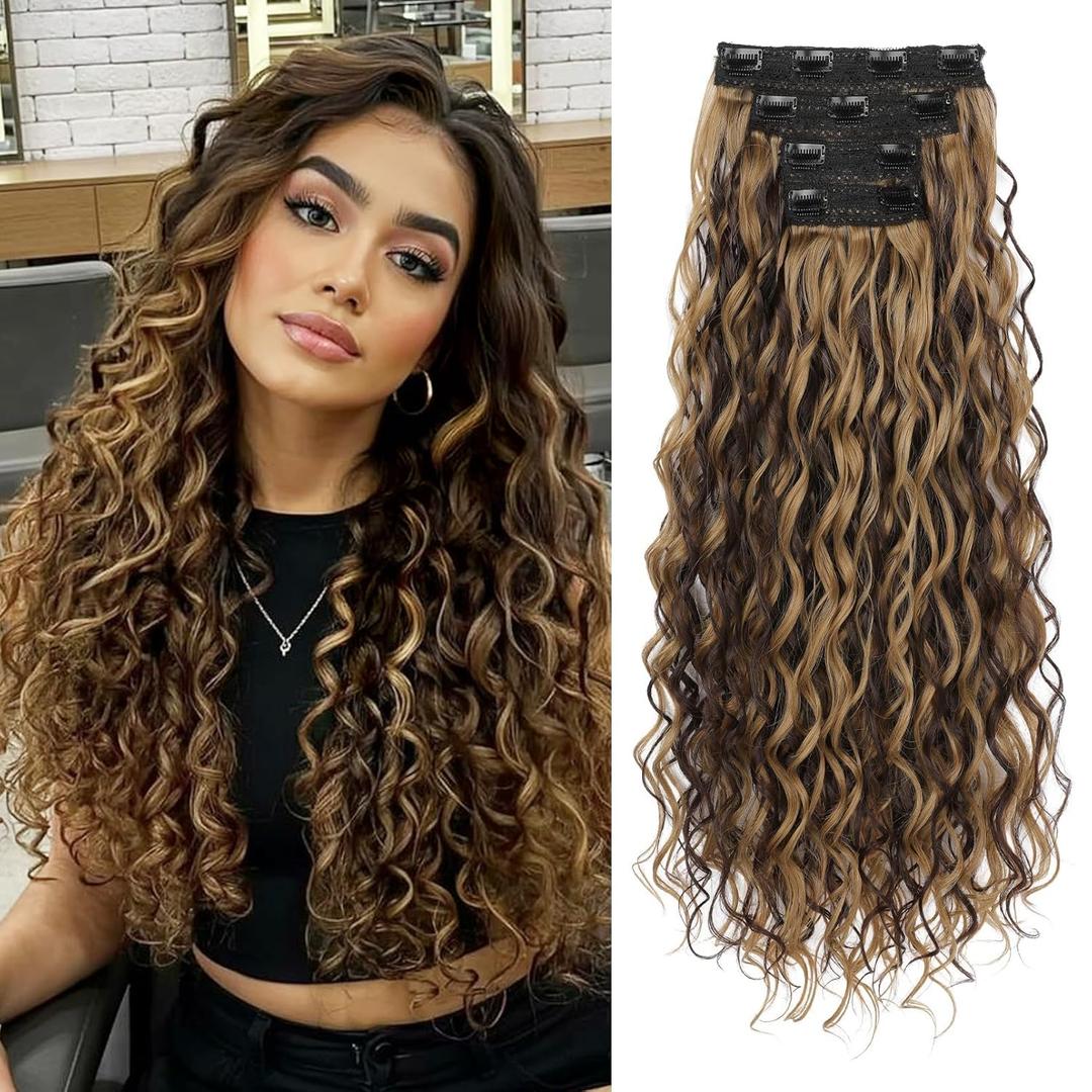 REECHO Curly Clip in Hair Extensions, 4PCS 24 inch Long Hair Extensions Clip ins Lace Weft Natural Hairpieces for Women Daily, Dark Brown with Highlights