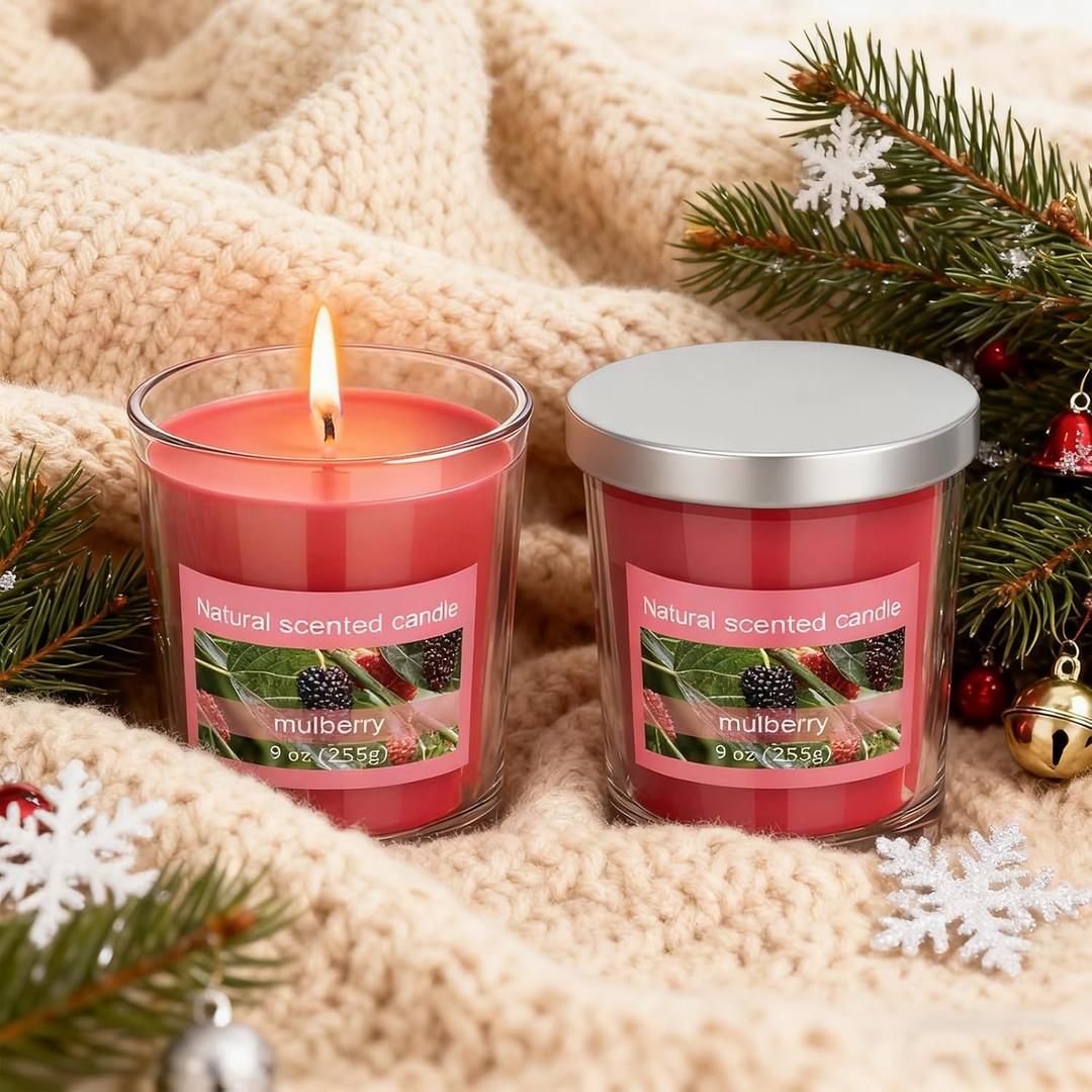 2 Pcs 9 oz Mulberry Candle, Christmas Mulberry Scented Candle Glass Jar Votive Essential Fragrance Oils and Beeswax Blend Glass Jar Candles for Christmas Holiday Winter Gifts Collection