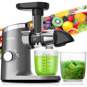 Aeitto Classic Horizontal Cold Press Juicer Easy to Clean, Masticating Juicer with Quiet Motor, High Juice Yield, Juicer Machines with Soft & Hard Modes for Fruits & Vegetables, Grey (Medium)