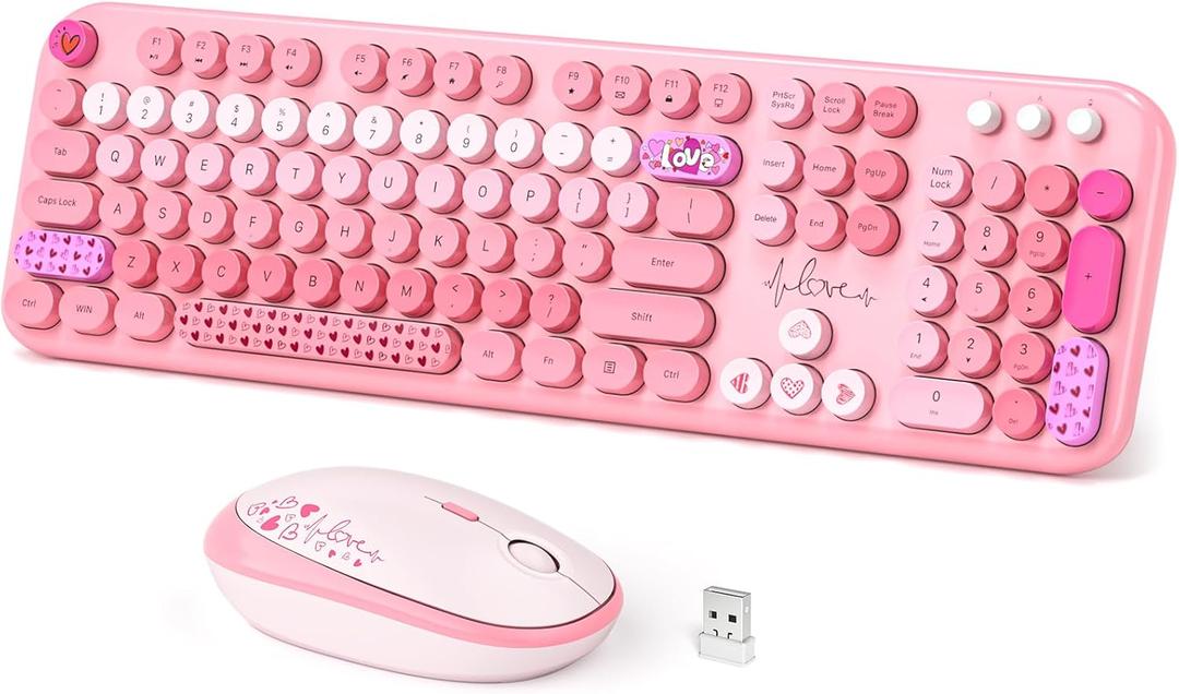 Dilter Wireless Keyboard and Mouse, Typewriter Full Size Keyboard with Number Pad and 2 in 1 USB Connected Mouse for Windows 7/8/10, Laptop, Desktop, PC, Computer (Pink Colorful)
