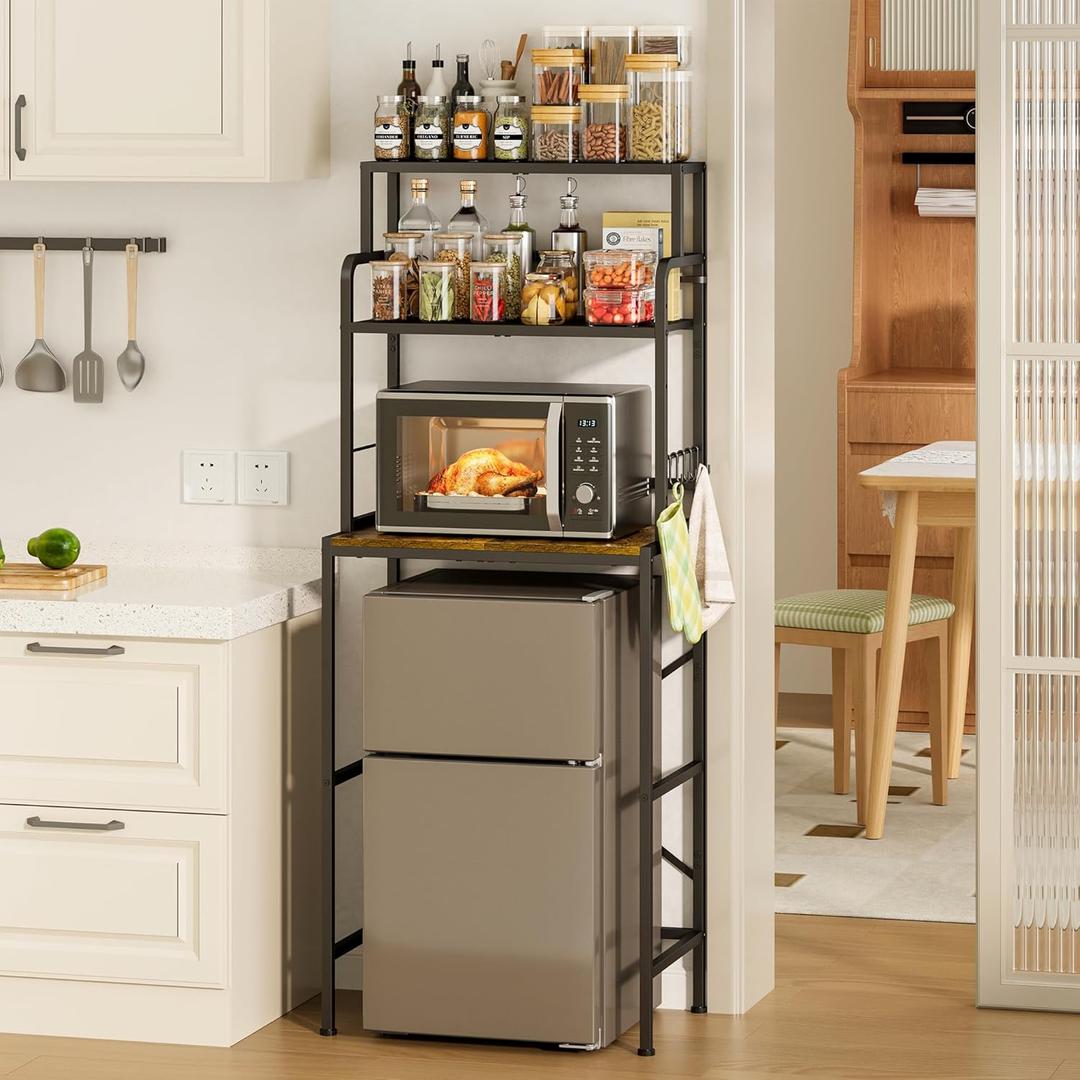 3-Tier Mini Fridge Stand Shelf with Storage, Microwave Organizer Shelf and Mini Fridge Cabinet with Storage for Kitchen, Dorm, and Coffee Bar with Mini Fridge Space