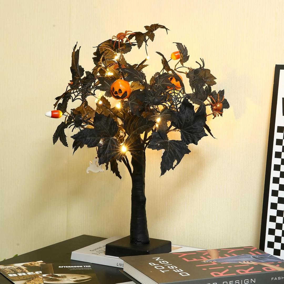 Bibelot 20inch Black Halloween Decorations, LED Lighted Halloween Tree Decor -Silk Black Maple Leaves, Pumpkins, Spiders,Cute Ghosts for Indoor Tabletop, Fireplace or Covered Outdoor Porch