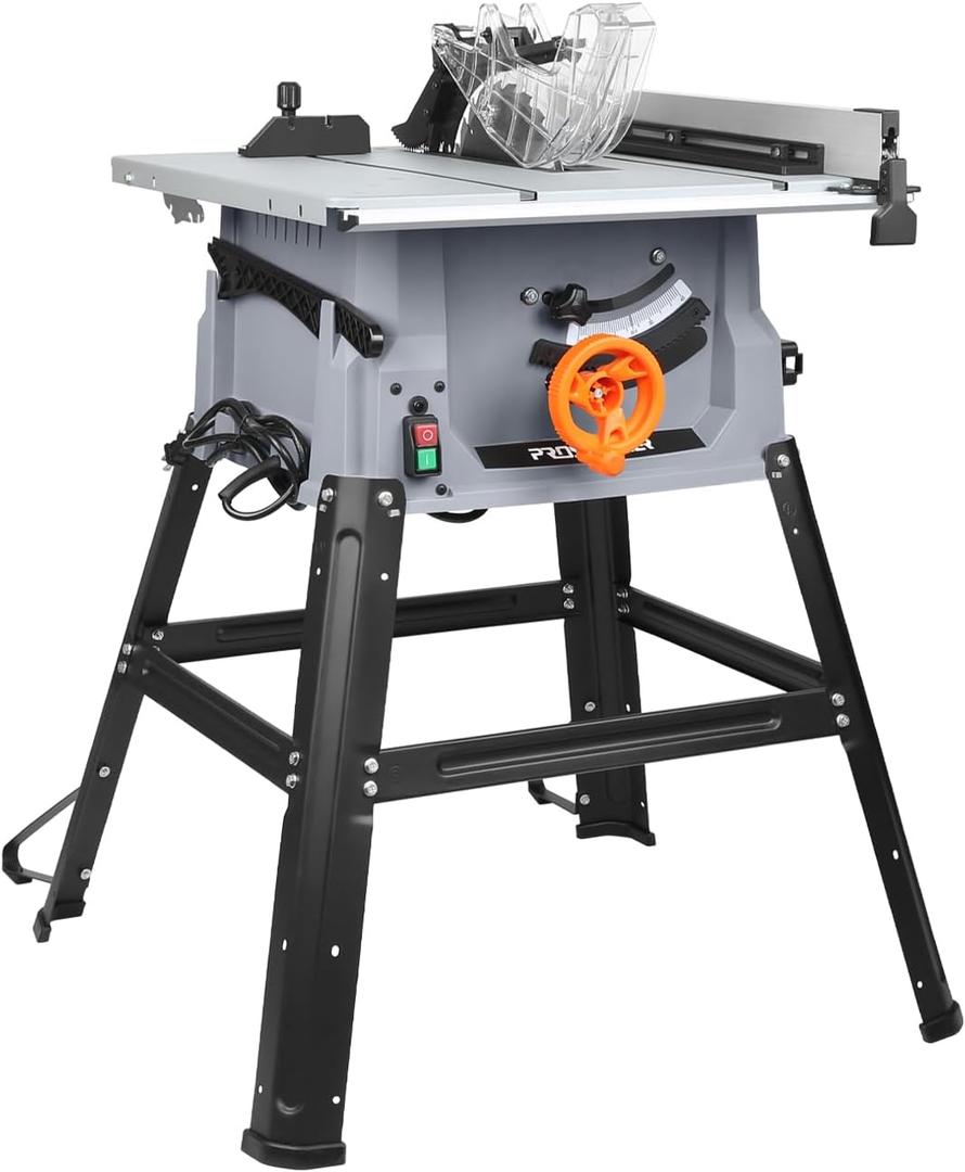 Prostormer 10 Inch Table Saw with Stand, 15A 5000RPM Portable Benchtop Saw, 45Bevel Cutting Tabletop Saw for Woodworking