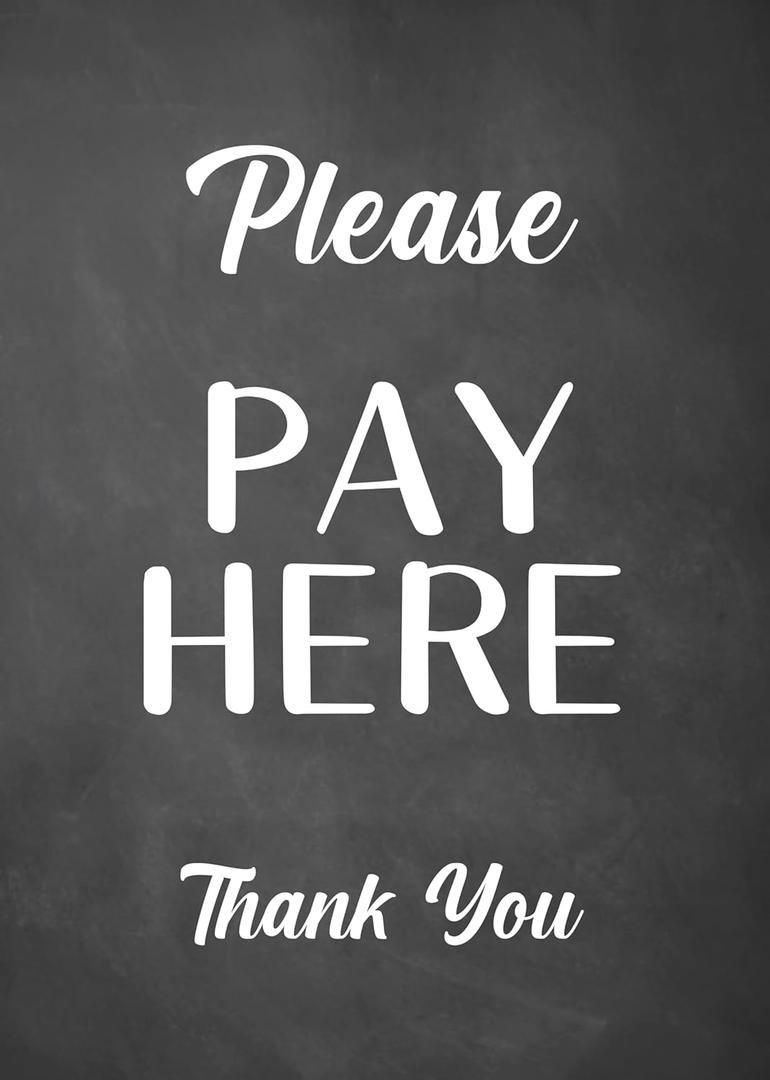 Please Pay Here, Freestanding Sign, A4 - durable printed sign that comes in a choice of two background colours and with a wooden base to easily display (Black)