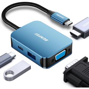 BENFEI USB C HUB 4-in-1, USB Type-C to HDMI VGA Adapter, USB C to USB Adapter, USB Type-C Power Delivery, Compatible with iPhone 15 Pro/Max, MacBook Pro/Air 2023, iPad Pro, iMac, S23, XPS 17 (Blue)
