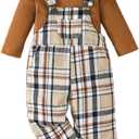 Noubeau Toddler Baby Girl Fall Clothes Ruffled Top Shirt Plaid Bib Overalls Pocket Suspender Pants Set Thanksgiving Outfits (Khaki Plaid, 3-4T)