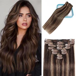 LORIEN Clip in Hair Extensions Real Human Hair, 20 Inch 105g, 2/6 Dark Brown to Chestnut Brown, Clip in 100% Brazilian Remy Human Hair Extensions 8pcs Per Set with 18 Clips Double Weft