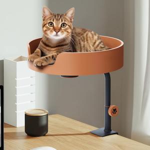 Cat Desk Bed Large Perch Nest with Teaser Easy Install,Space Saving Mount Design,Sturdy Frame,Removable Cushion,Clamp Desktop Attachment Hammock for Home Office,Side Table (Black and Coffee)