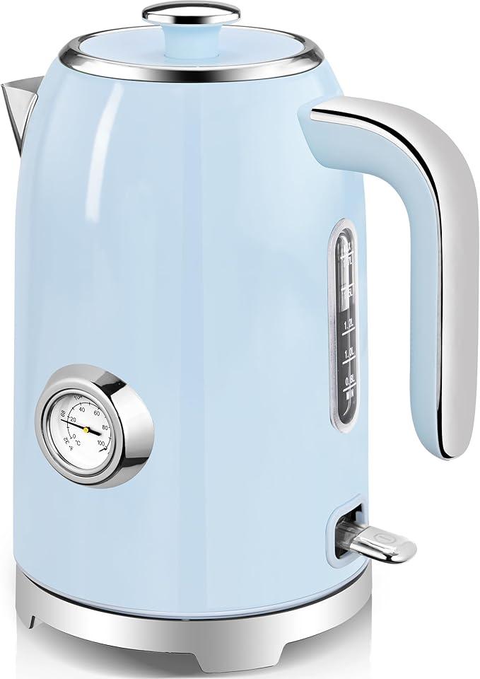 SUSTEAS Electric Kettle  57oz Hot Tea Kettle Water Boiler with Thermometer, 1500W Fast Heating Stainless Steel Tea Pot, Cordless with LED Indicator, Auto ShutOff & Boil Dry Protection, Blue