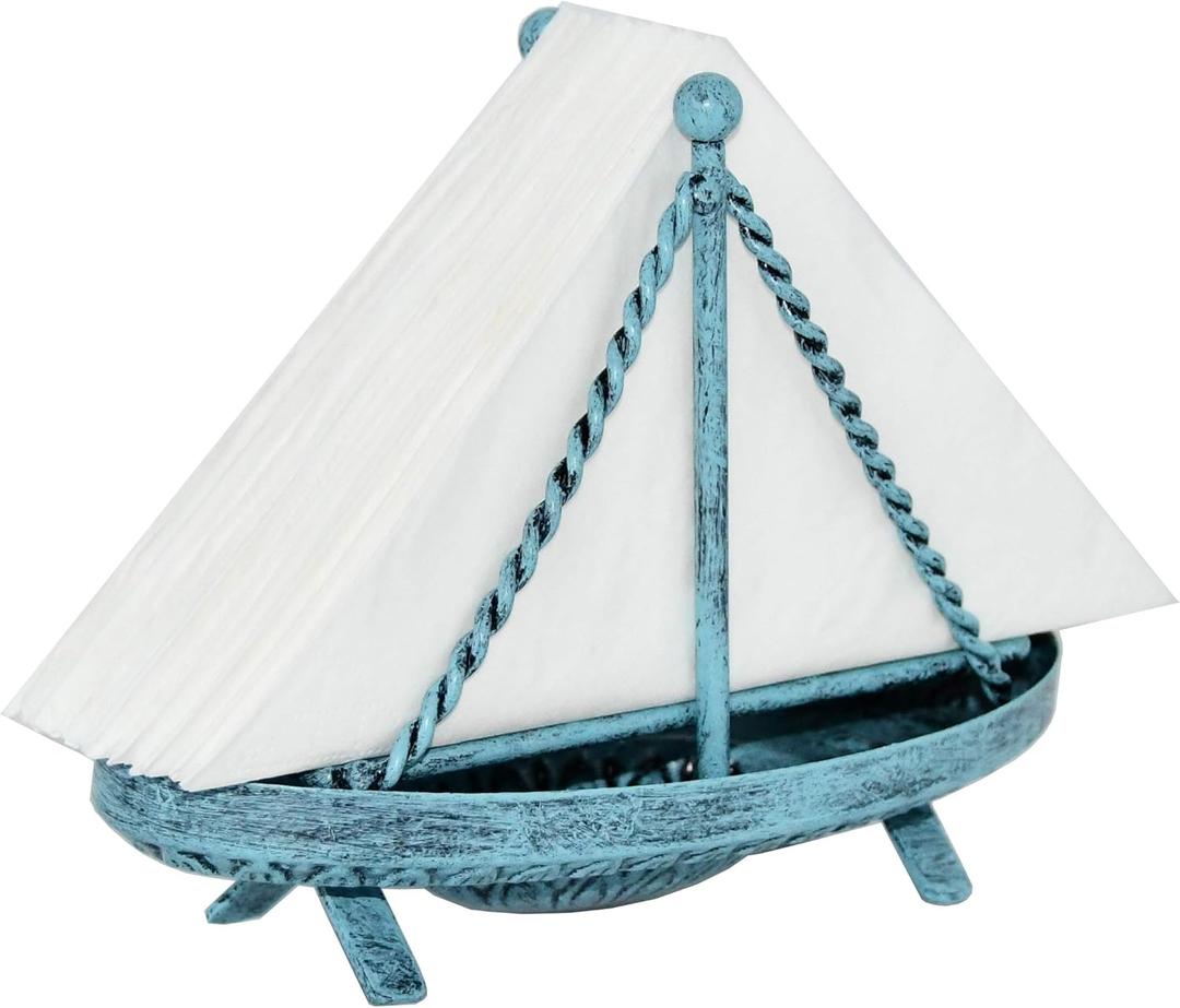 OwlGift Metal Sailboat Shaped Napkin Holder, Tabletop Paper Towel Dispenser, Mail Letter Sorter Rack, Document File Storage - Turquoise