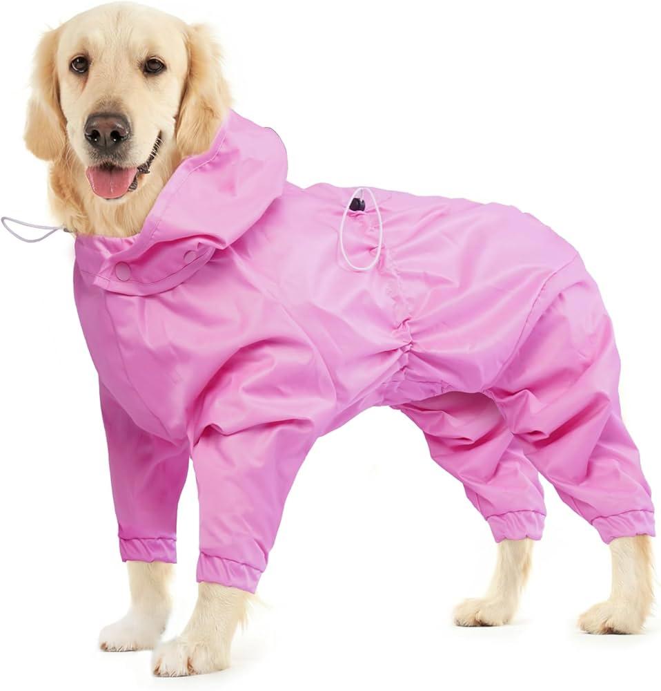 BRKURLEG Dog Raincoat, 4 Legs Dog Rain Jacket for Large Dogs Boy Girl, Pet Waterproof Rainproof Jacket with Leash Hole Reflective Pet Poncho, Lightweight Waterproof Jackets, Pink XXXL